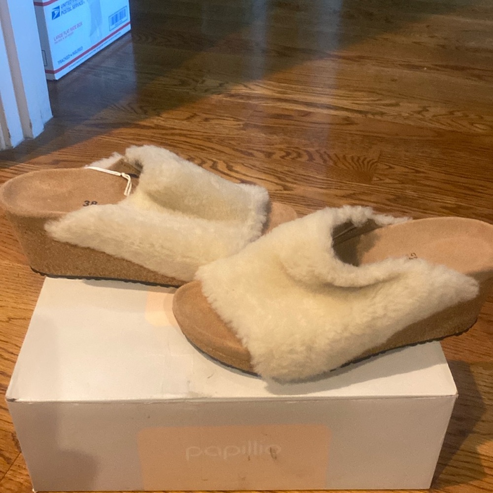 Birkenstock Cream Shearling Wedge Sandals